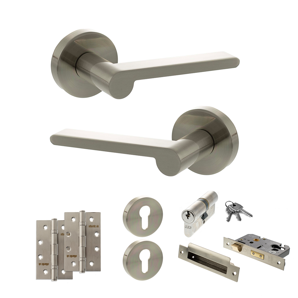 Senza Pari Darrio Door Handle Pack (Euro Lock Set - 3" CE Sashlock, 4" Slim Knuckle Hinges x2) - Satin Nickel