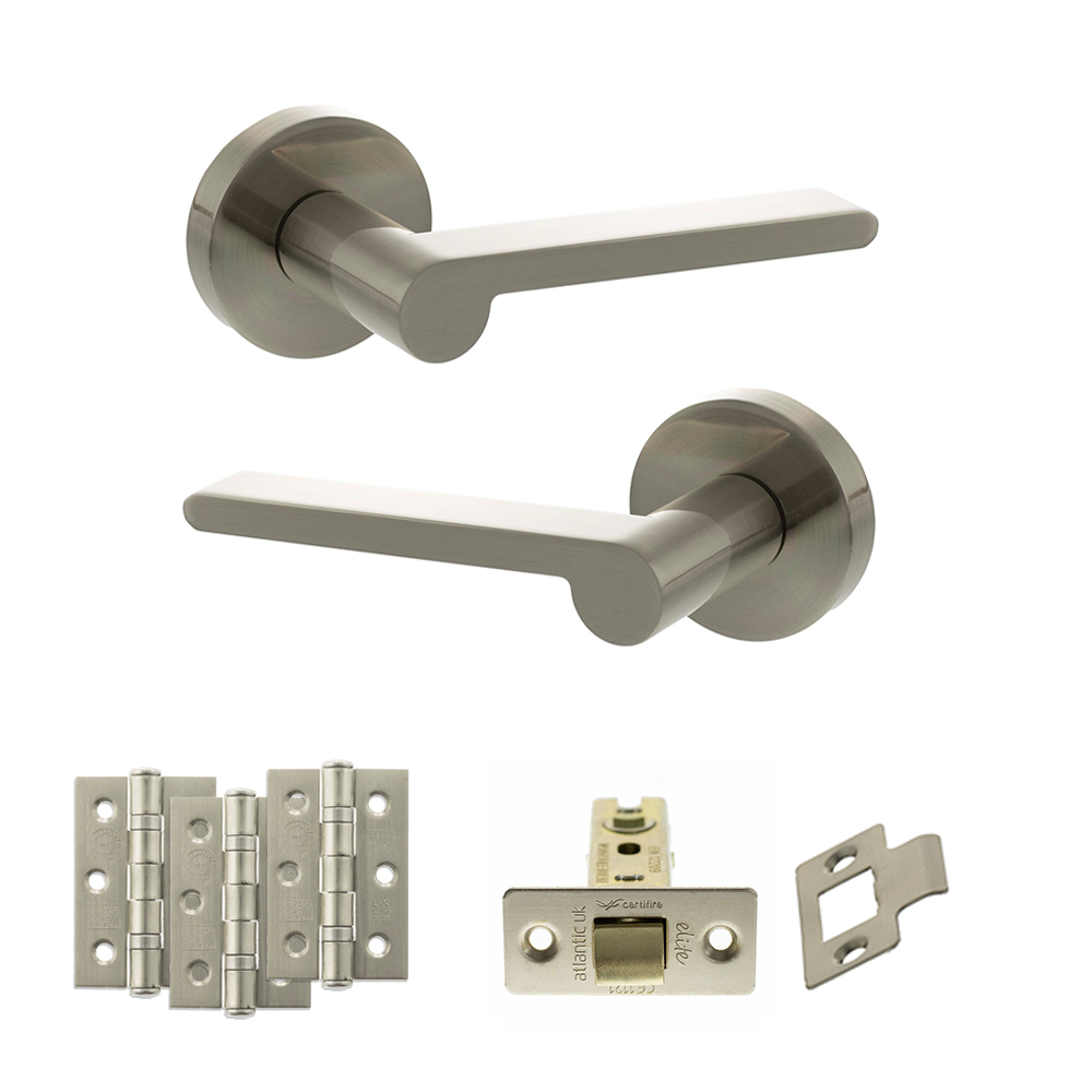 Senza Pari Darrio Door Handle Pack (Latch Set - 3" CE Latch, 3" Fire Rated Hinges x3) - Satin Nickel