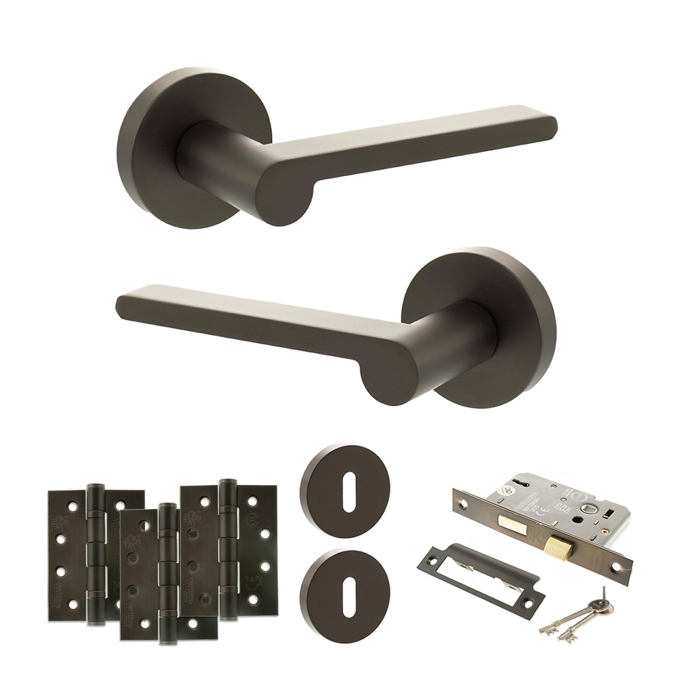 Senza Pari Darrio Door Handle Pack (3 Lever Lock Set - 2.5" CE Sashlock, 4" Fire Rated Hinges x3) - Urban Dark Bronze