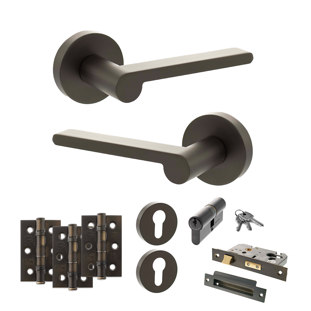 Senza Pari Darrio Door Handle Pack (Euro Lock Set - 3" CE Sashlock, 3" Fire Rated Hinges x3) - Urban Dark Bronze