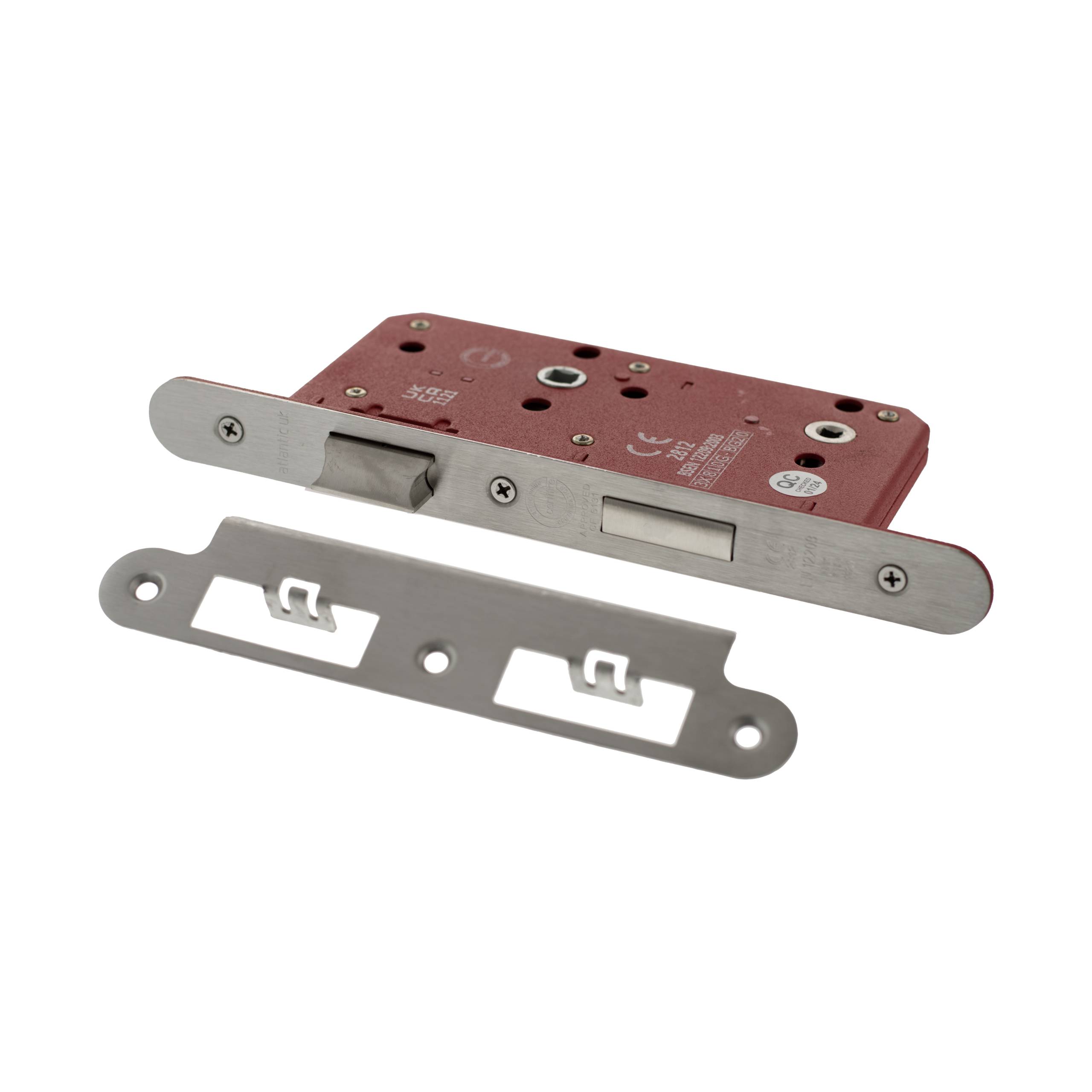 Atlantic DIN Radius Bathroom Lock Double Turn 60mm backset - Satin Stainless Steel