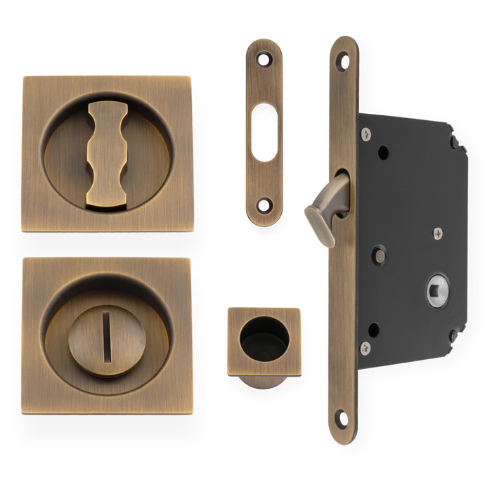 Sliding Door Lock Set - Square Roses - Radius Forend & Strike-Antique Brass