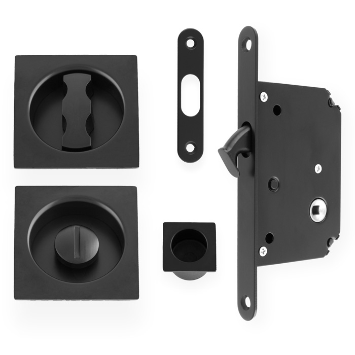 Sliding Door Lock Set - Square Roses - Radius Forend & Strike-Black