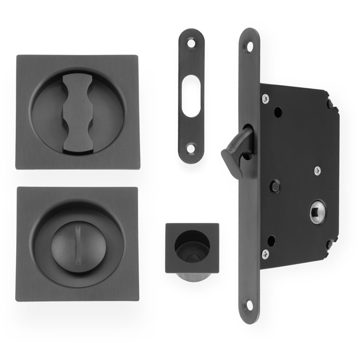 Sliding Door Lock Set - Square Roses - Radius Forend & Strike-Dark Bronze PVD