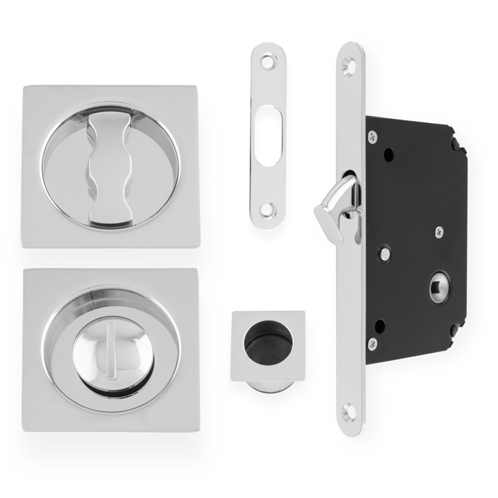 Sliding Door Lock Set - Square Roses - Radius Forend & Strike-Polished Chrome