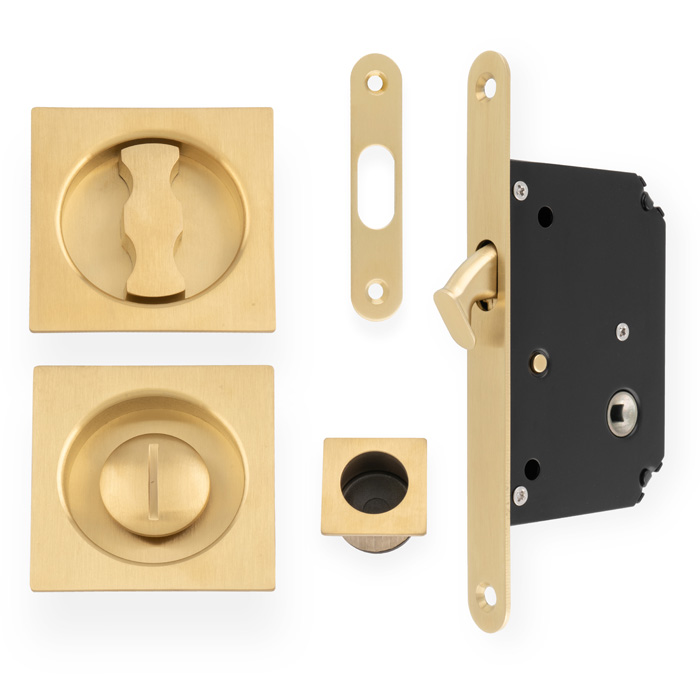 Sliding Door Lock Set - Square Roses - Radius Forend & Strike-Satin Brass PVD