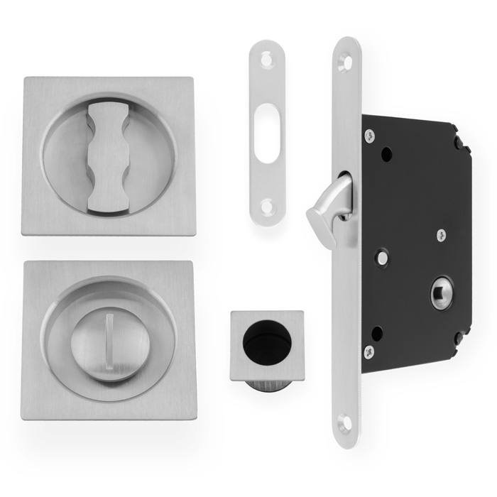 Sliding Door Lock Set - Square Roses - Radius Forend & Strike-Satin Chrome