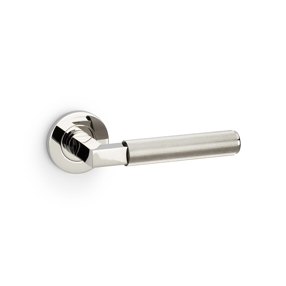 Alexander & Wilks Hurricane Reeded Lever on Round Rose - Polished Nickel PVD