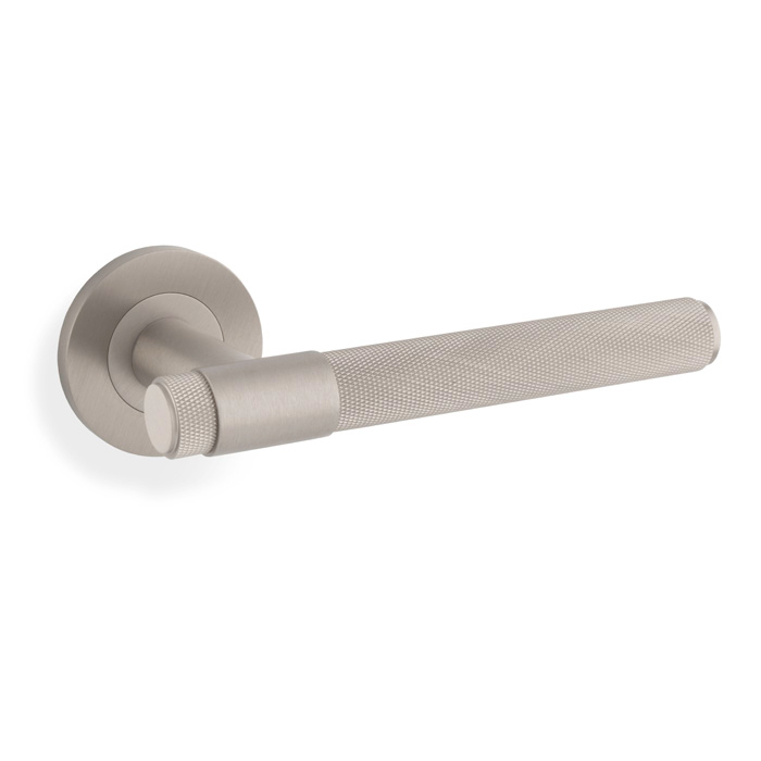 Knurled Kingstone Lever on Round Rose - Satin Nickel PVD