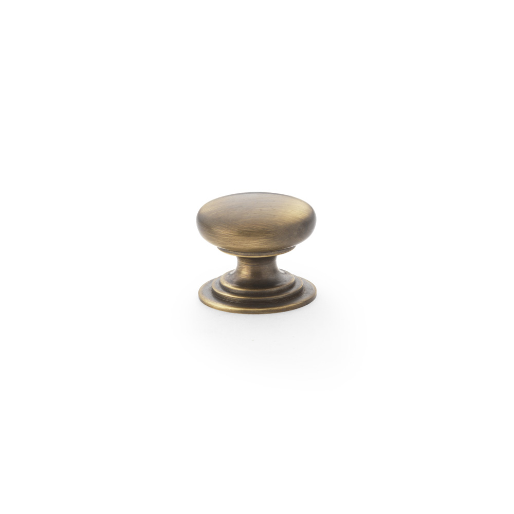 Alexander & Wilks Waltz Round Cupboard Knob on Stepped Rose - Antique Brass - 25mm