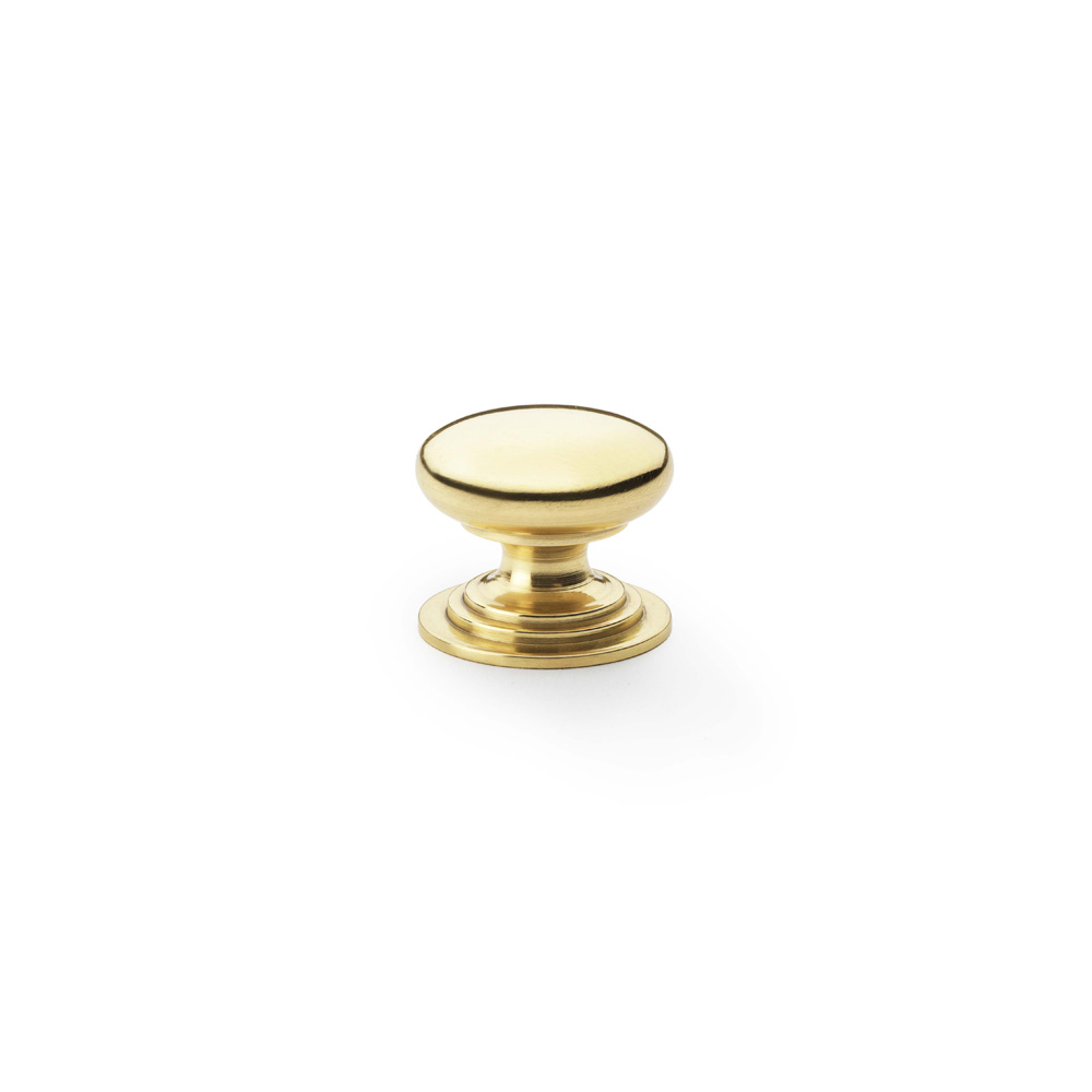 Alexander & Wilks Waltz Round Cupboard Knob on Stepped Rose - Polished Brass - 25mm