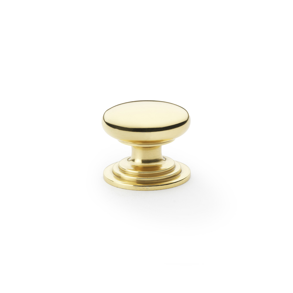 Alexander & Wilks Waltz Round Cupboard Knob on Stepped Rose - Polished Brass - 32mm