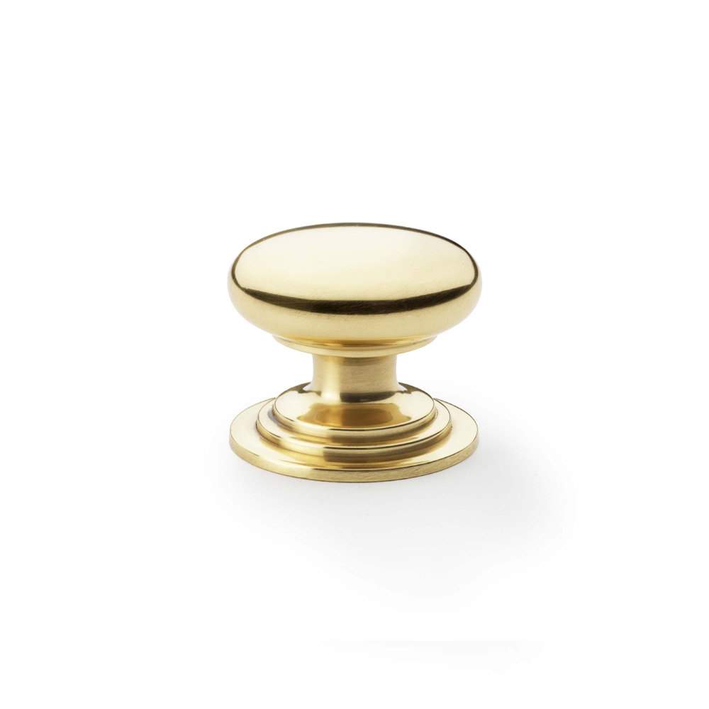 Alexander & Wilks Waltz Round Cupboard Knob on Stepped Rose - Polished Brass - 38mm