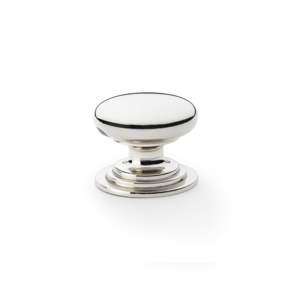 Alexander & Wilks Waltz Round Cupboard Knob on Stepped Rose - Polished Nickel - 38mm