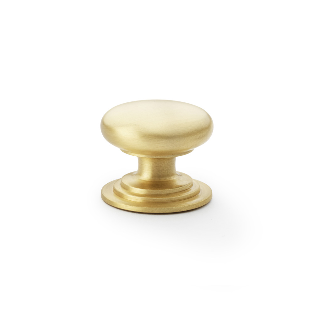 Alexander & Wilks Waltz Round Cupboard Knob on Stepped Rose - Satin Brass - 38mm