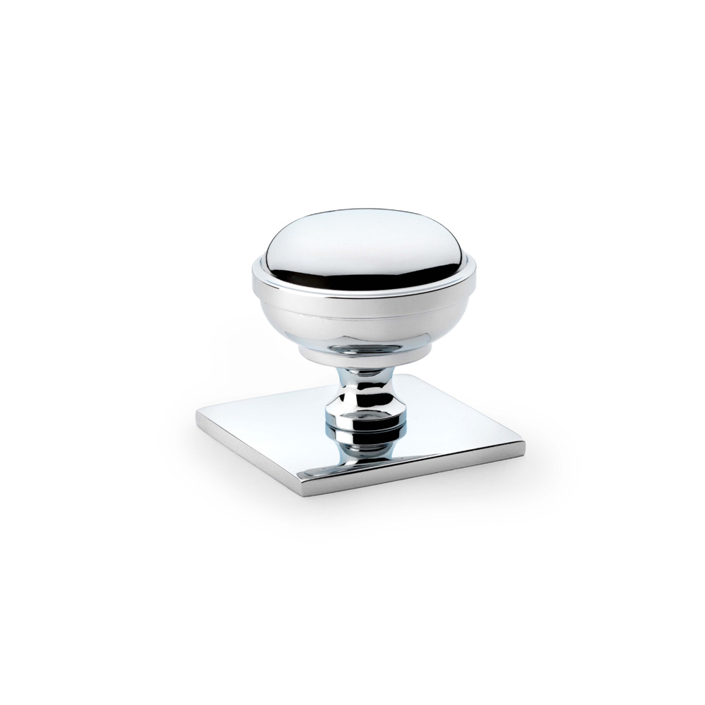 Alexander & Wilks Quantock Cupboard Knob on Square Backplate - Polished Chrome - 34mm