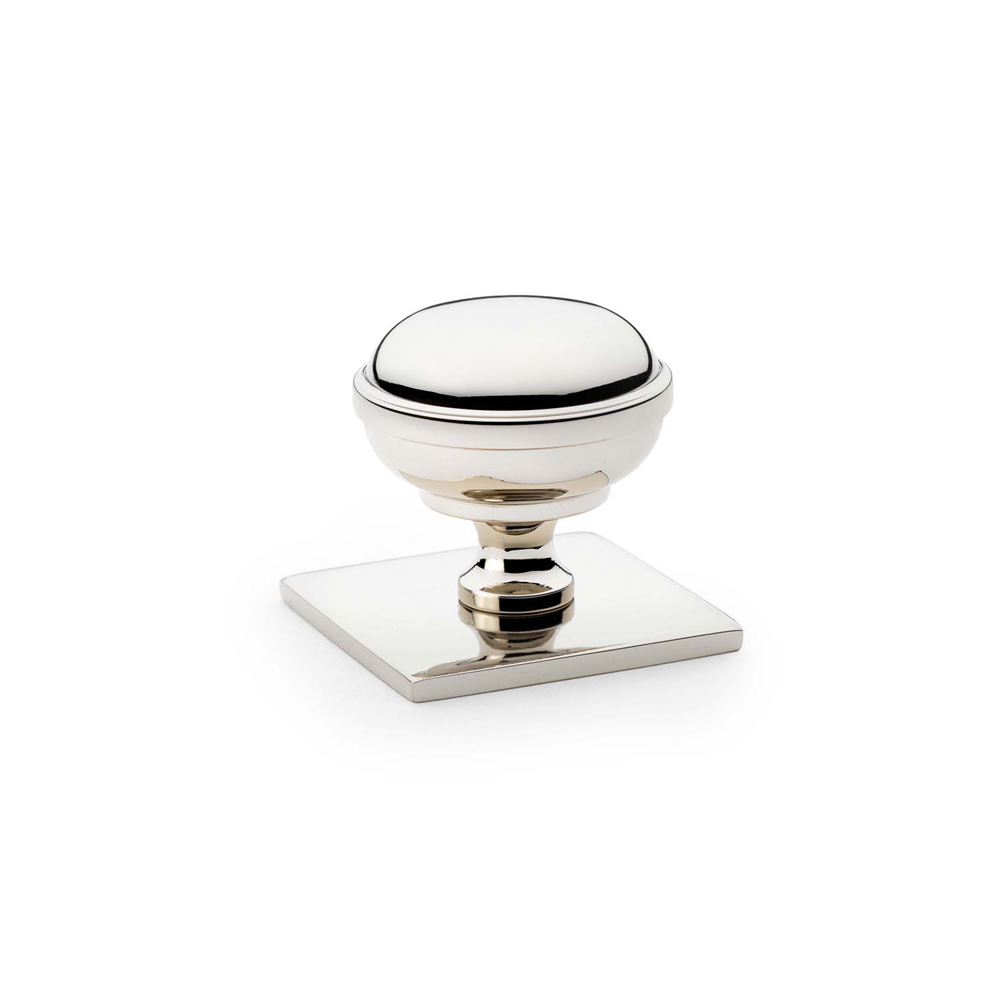 Alexander & Wilks Quantock Cupboard Knob on Square Backplate - Polished Nickel - 34mm
