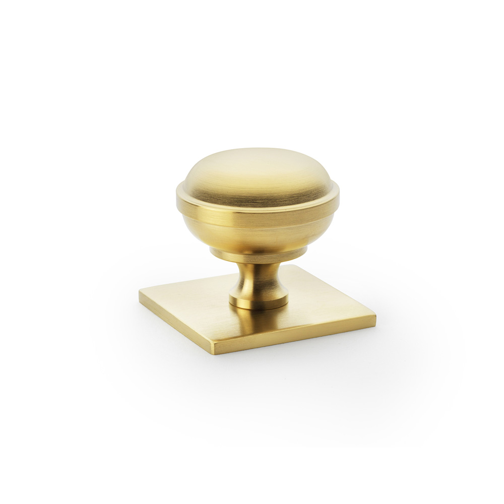 Alexander & Wilks Quantock Cupboard Knob on Square Backplate - Satin Brass PVD - 34mm