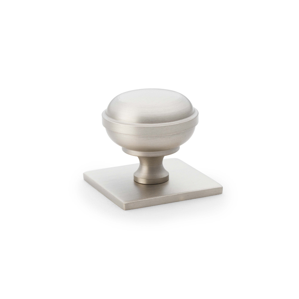 Alexander & Wilks Quantock Cupboard Knob on Square Backplate - Satin Nickel - 34mm