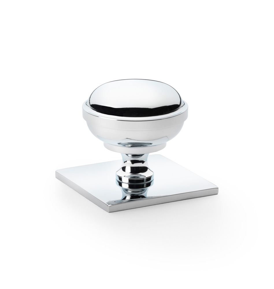 Alexander & Wilks Quantock Cupboard Knob on Square Backplate - Polished Chrome - 38mm