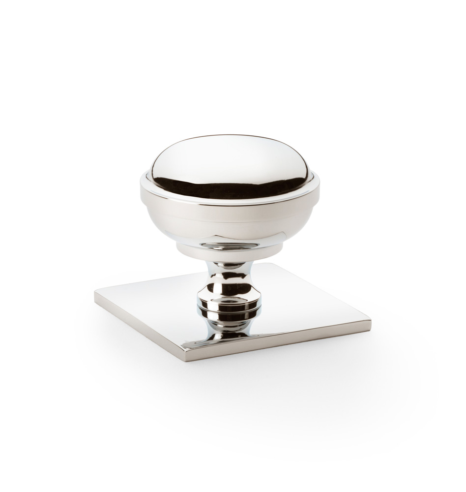 Alexander & Wilks Quantock Cupboard Knob on Square Backplate - Polished Nickel - 38mm