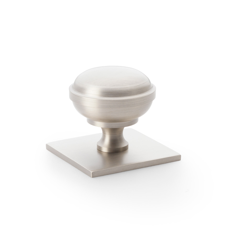 Alexander & Wilks Quantock Cupboard Knob on Square Backplate - Satin Nickel - 38mm