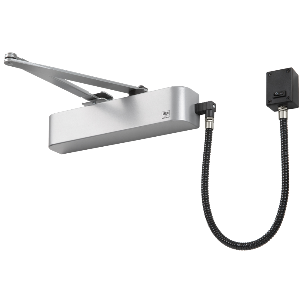 UNION CE4F-E Size 4 Electromagnetic Overhead Door Closer With Swing Free Or Hold Open Facility - Silver