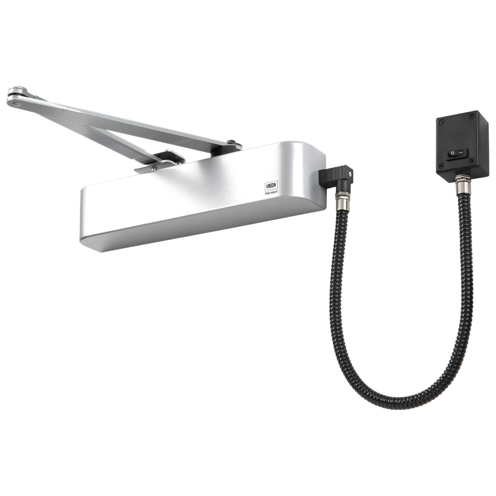 UNION CE4F-E Size 4 Electromagnetic Overhead Door Closer With Swing Free Or Hold Open Facility - Satin Stainless Steel
