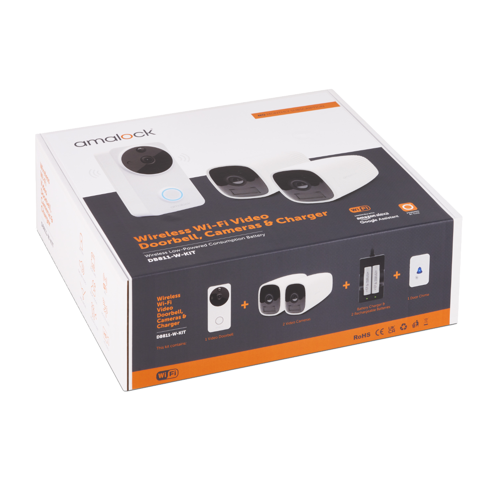 AMALOCK DB811/DB821 Wireless Doorbell & Chime Kit With 2 x CAM400 Camera's, Battery Charger And Rechargeable Batteries - White DB811-W-KIT