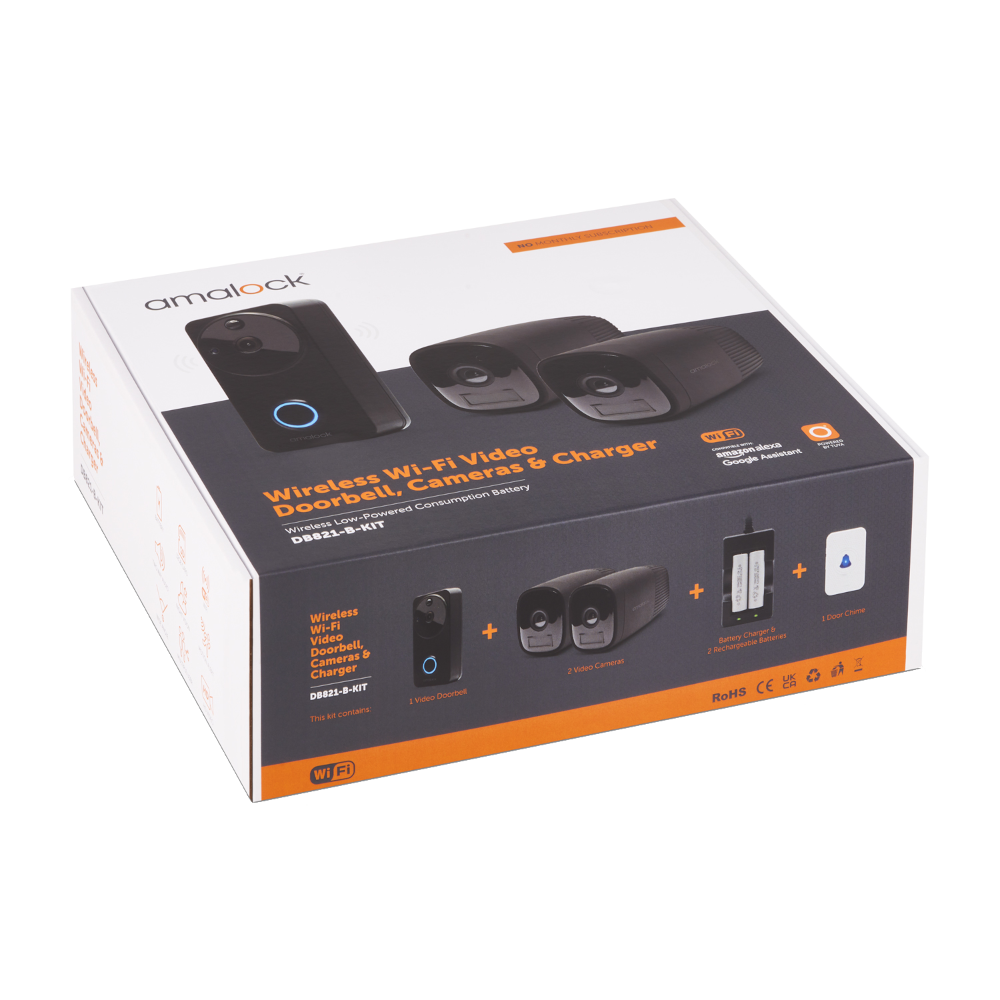 AMALOCK DB811/DB821 Wireless Doorbell & Chime Kit With 2 x CAM400 Camera's, Battery Charger And Rechargeable Batteries - Black DB821-B-KIT