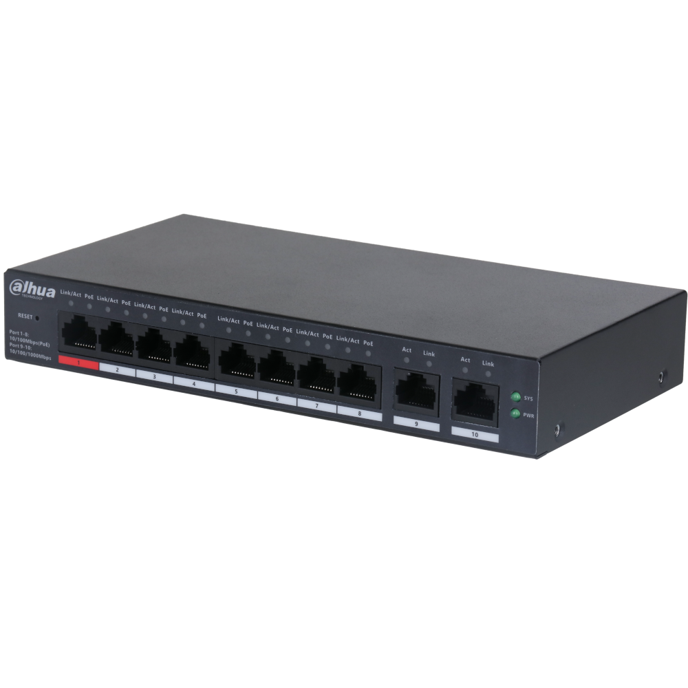 DAHUA Network Switch 10 Ports (8 x PoE) Cloud Management Via Dolynk CS4010-8ET-110 - 8 x PoE Ports