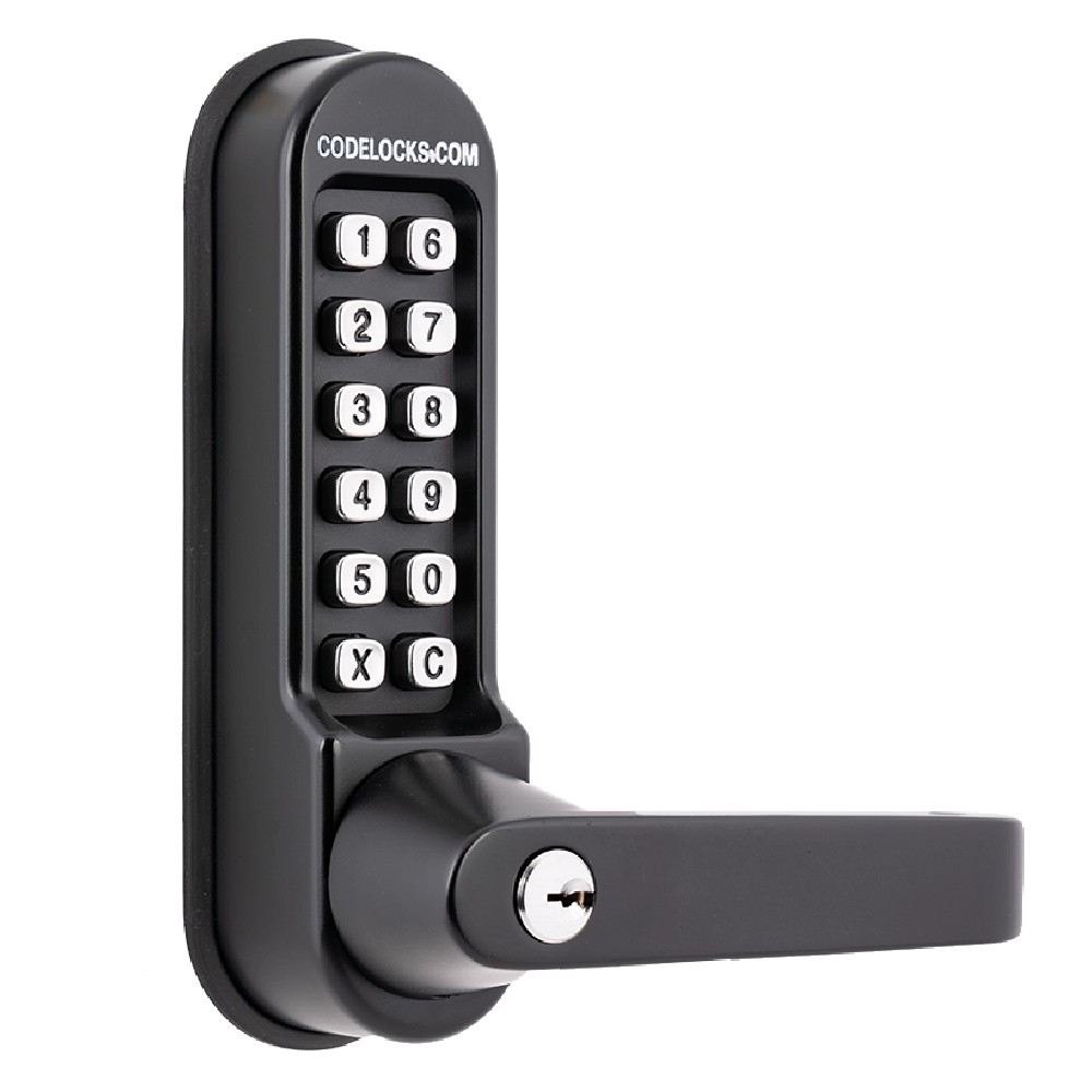 CODELOCKS CL510KEY/CL515KEY Marine Grade Black Digital Lock With Tubular Latch & Key Override - No Passage Function CL510 BK MG KEY